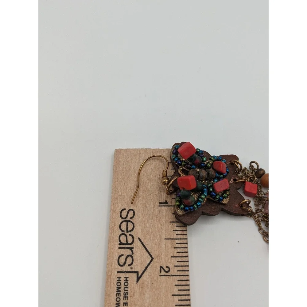 Bohemian Wood Butterfly Dangle Earrings Beaded Red‎ Bronze Tiered Chain 5